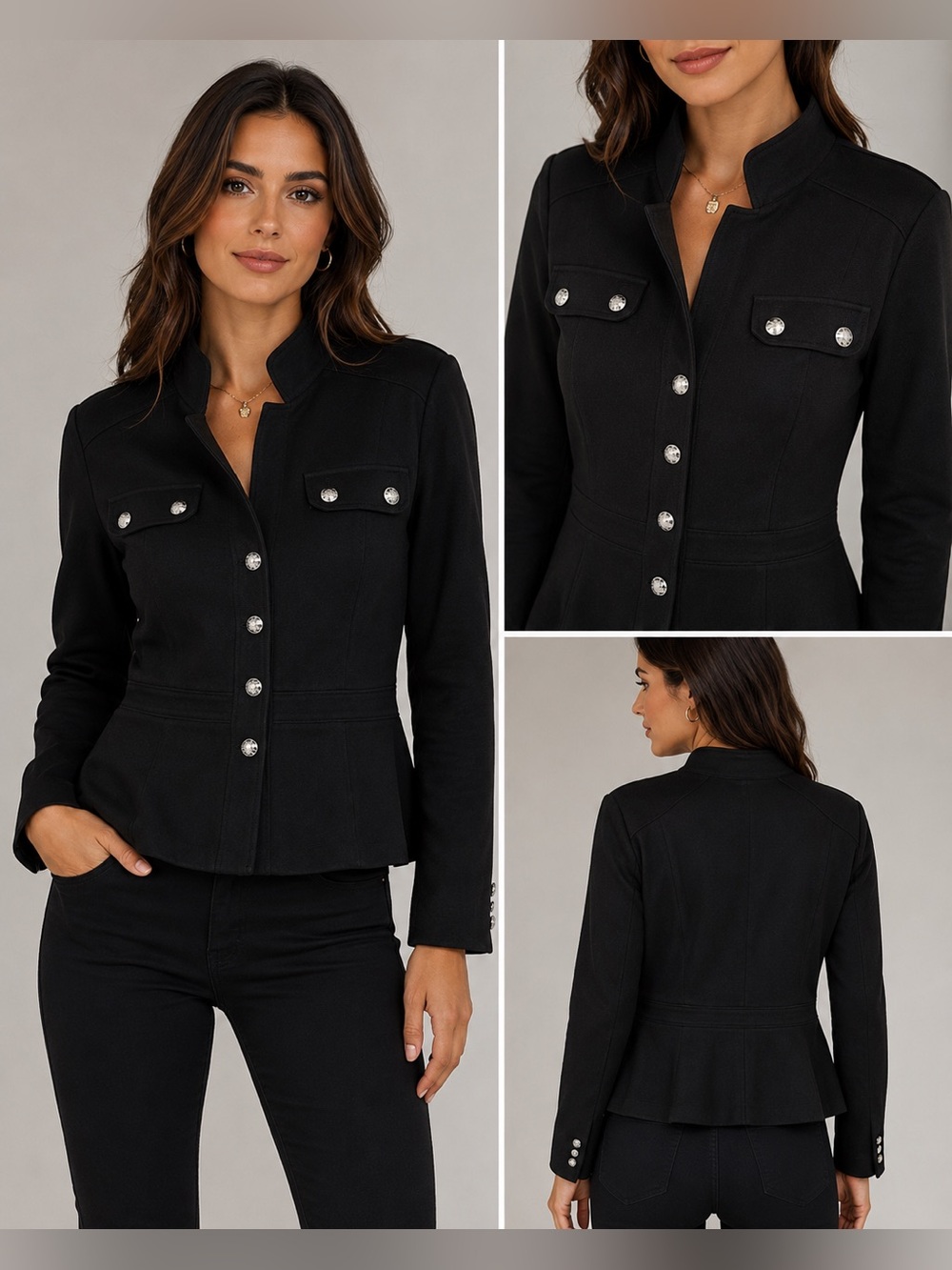 White House Black Market Black Military-Style Peplum Jacket – Size 12 - Picture 4 of 6